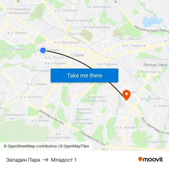 Западен Парк to Младост 1 map