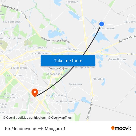 Кв. Челопечене to Младост 1 map