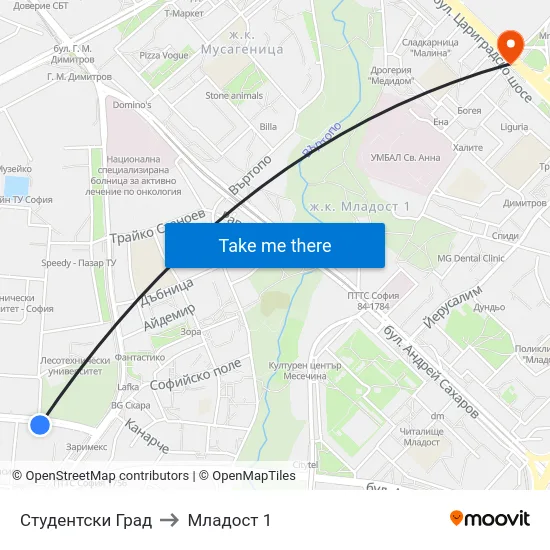 Студентски Град to Младост 1 map