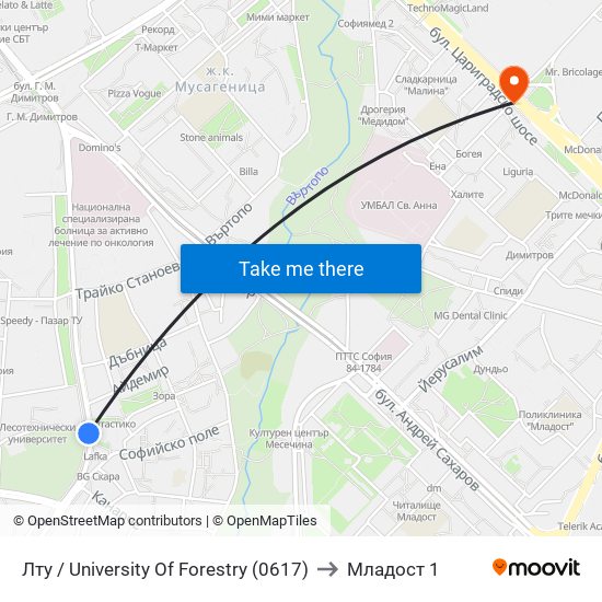 Лту / University Of Forestry (0617) to Младост 1 map