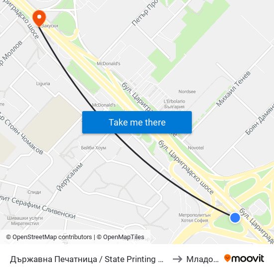 Държавна Печатница / State Printing House (0554) to Младост 1 map
