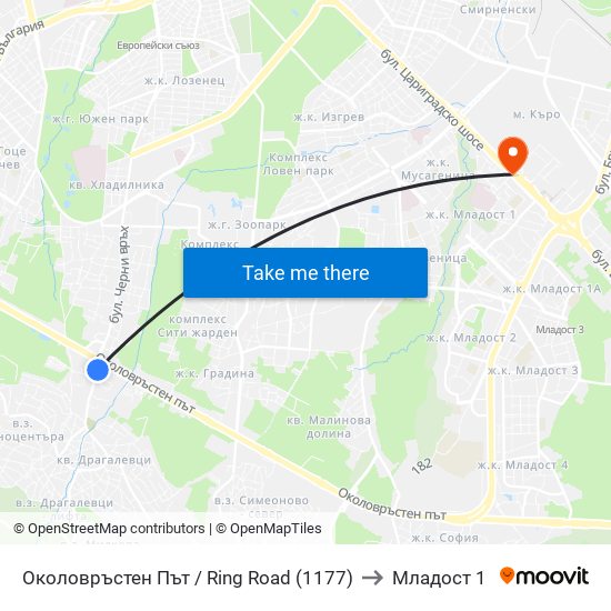 Околовръстен Път / Ring Road (1177) to Младост 1 map