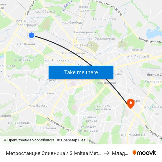 Метростанция Сливница / Slivnitsa Metro Station (1063) to Младост 1 map