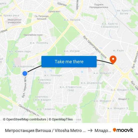 Ⓜ️ Метростанция Витоша / Vitosha Metro Station (2756) to Младост 1 map