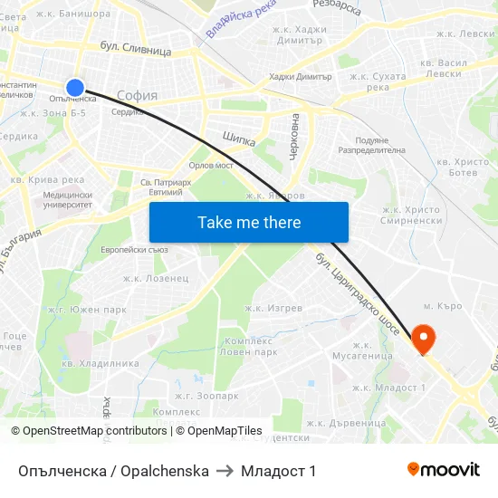 Опълченска / Opalchenska to Младост 1 map