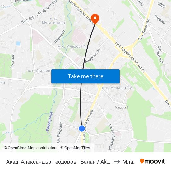 Акад. Александър Теодоров - Балан / Akademik Aleksandar Teodorov - Balan to Младост 1 map