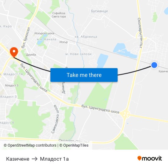 Казичене to Младост 1а map