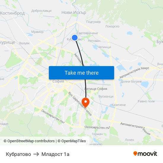 Кубратово to Младост 1а map