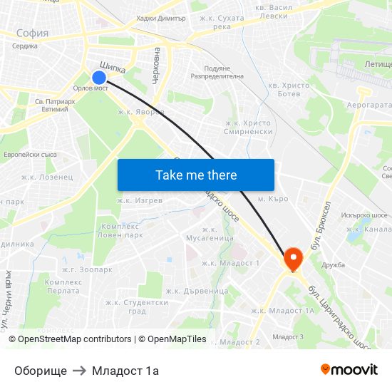 Оборище to Младост 1а map