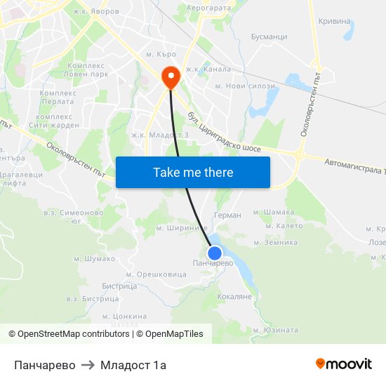 Панчарево to Младост 1а map