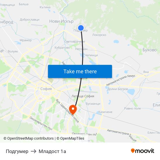 Подгумер to Младост 1а map