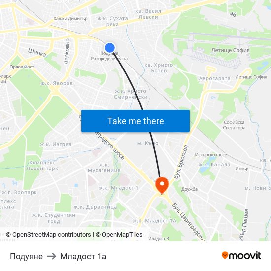 Подуяне to Младост 1а map