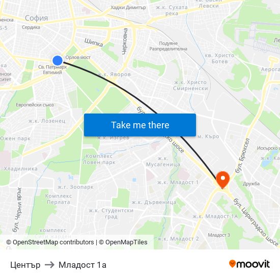 Център to Младост 1а map