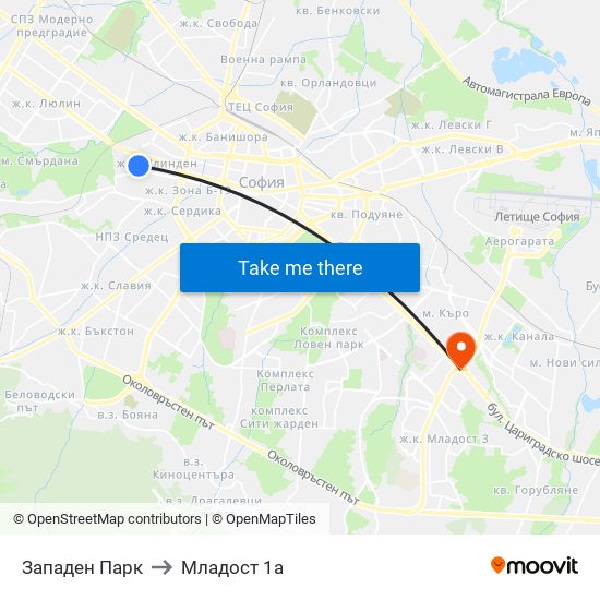 Западен Парк to Младост 1а map