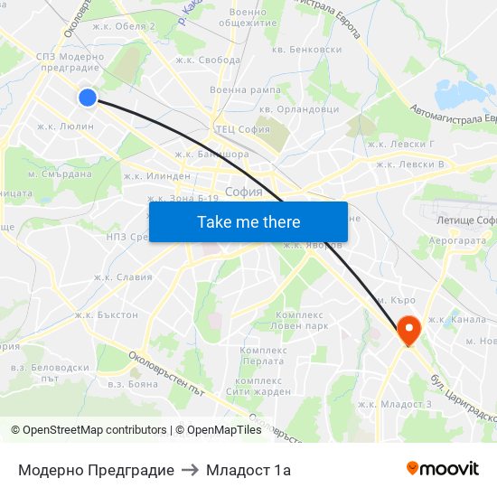 Модерно Предградие to Младост 1а map