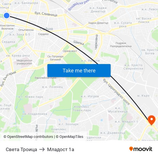 Света Троица to Младост 1а map