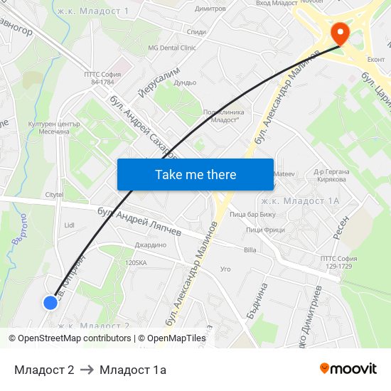 Младост 2 to Младост 1а map