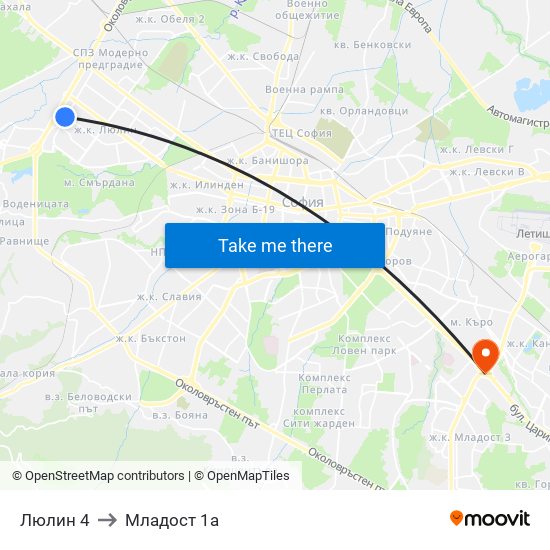 Люлин 4 to Младост 1а map