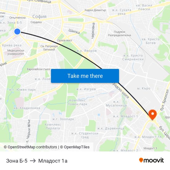 Зона Б-5 to Младост 1а map