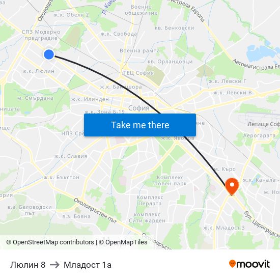 Люлин 8 to Младост 1а map