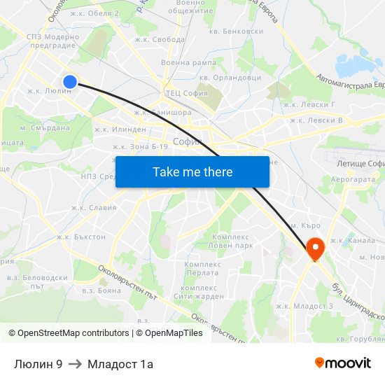 Люлин 9 to Младост 1а map