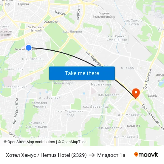 Ⓜ️ Хотел Хемус / Hemus Hotel (2329) to Младост 1а map