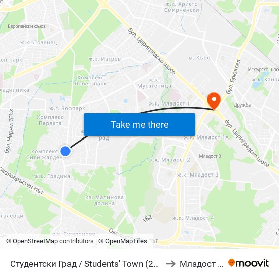 Студентски Град / Students' Town (2382) to Младост 1а map