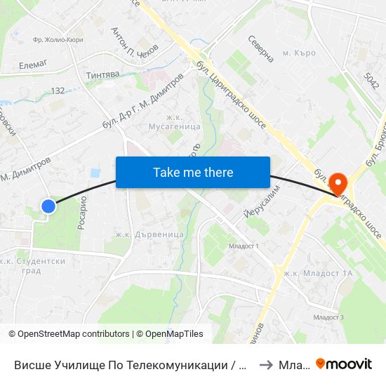 Висше Училище По Телекомуникации / University Of Telecommunications And Post (1396) to Младост 1а map