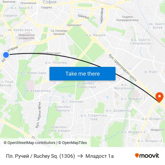 Пл. Ручей / Ruchey Sq. (1306) to Младост 1а map