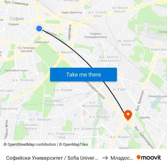 Софийски Университет / Sofia University (1699) to Младост 1а map
