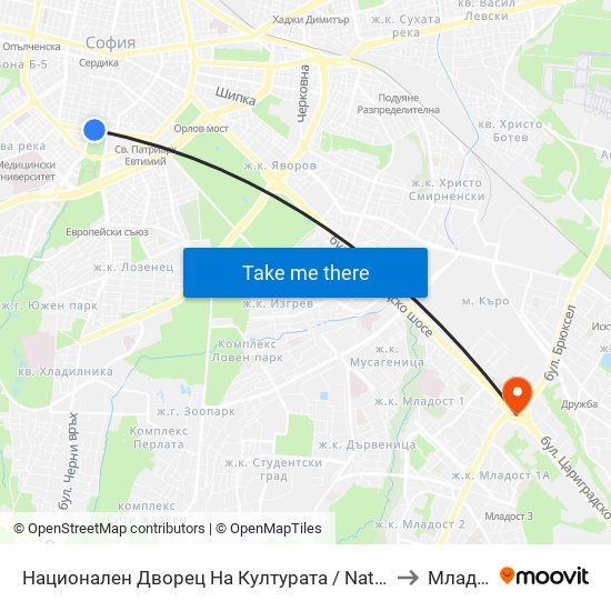 Национален Дворец На Културата / National Palace Of Culture (1136) to Младост 1а map