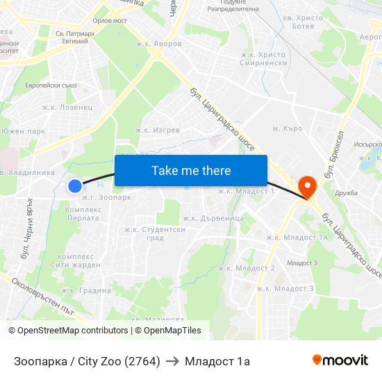 Зоопарка / City Zoo (2764) to Младост 1а map