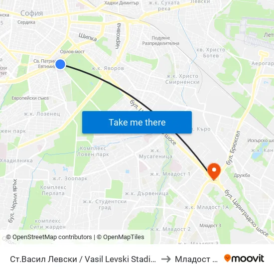 Стадион Васил Левски / Vasil Levski Stadium to Младост 1а map