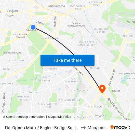 Пл. Орлов Мост / Eagles' Bridge Sq. (1289) to Младост 1а map