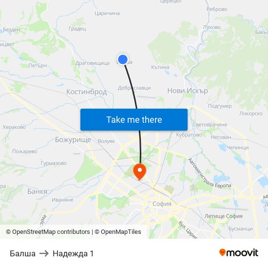 Балша to Надежда 1 map