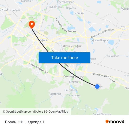 Лозен to Надежда 1 map