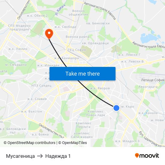 Мусагеница to Надежда 1 map