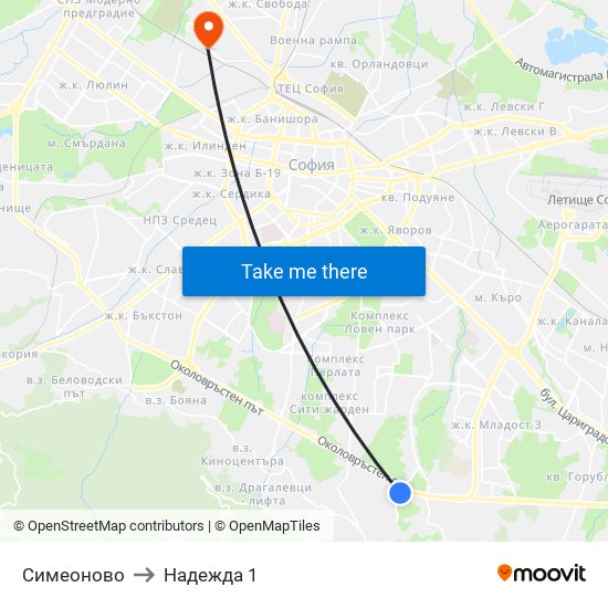 Симеоново to Надежда 1 map