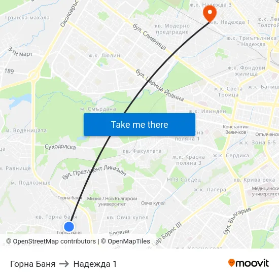 Горна Баня to Надежда 1 map