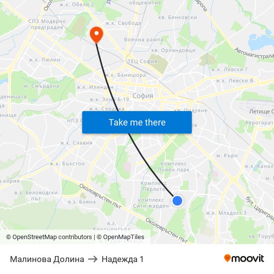 Малинова Долина to Надежда 1 map