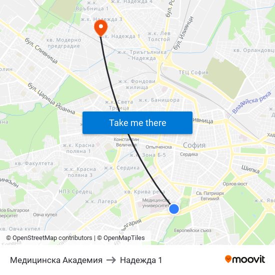 Медицинска Академия to Надежда 1 map