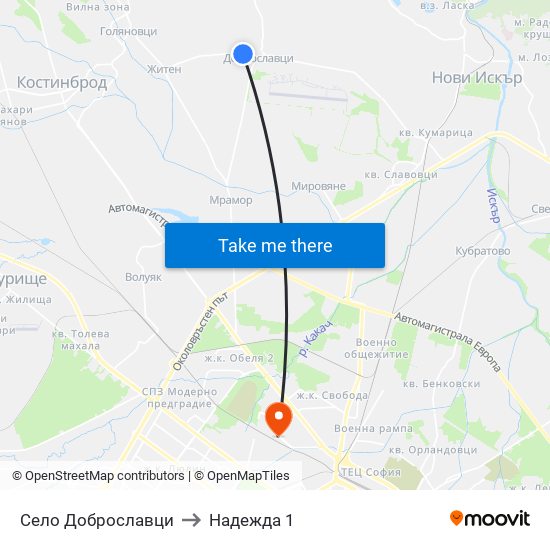 Село Доброславци to Надежда 1 map