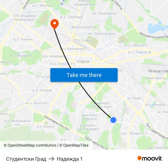 Студентски Град to Надежда 1 map