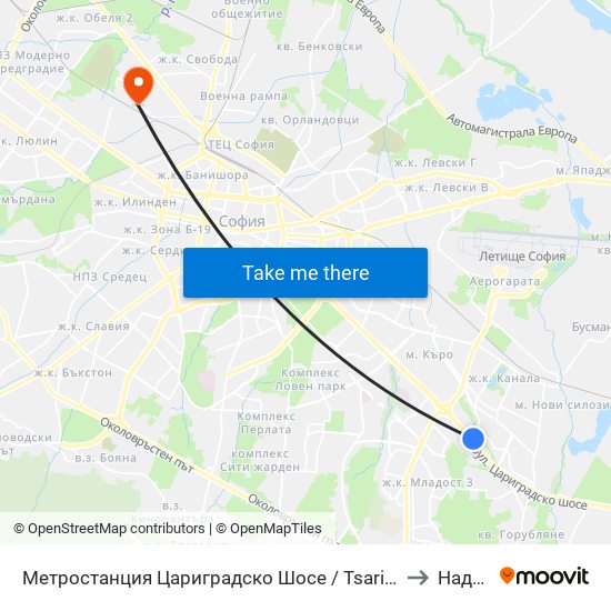 Метростанция Цариградско Шосе / Tsarigradsko Shosse Metro Station (1016) to Надежда 1 map