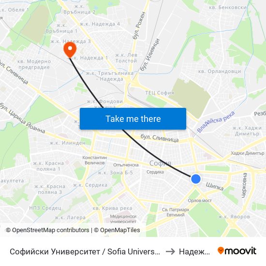Софийски Университет / Sofia University (1699) to Надежда 1 map