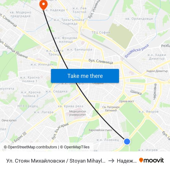 Ул. Стоян Михайловски / Stoyan Mihaylovski St. (2692) to Надежда 1 map