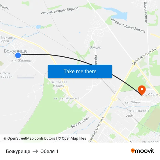 Божурище to Обеля 1 map
