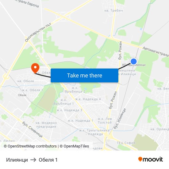 Илиянци to Обеля 1 map