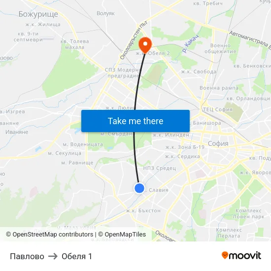 Павлово to Обеля 1 map