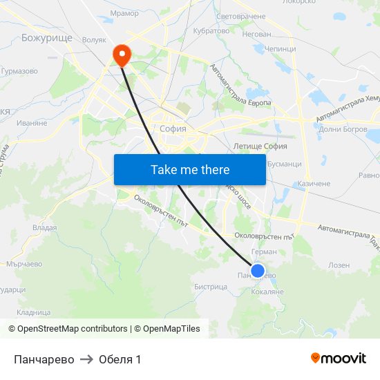 Панчарево to Обеля 1 map